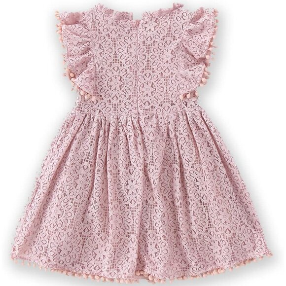 🆕Toddler Girls Pink Cotton Lace Floral Pompoms Elegant Retro Swing Party Dress - Picture 2 of 9